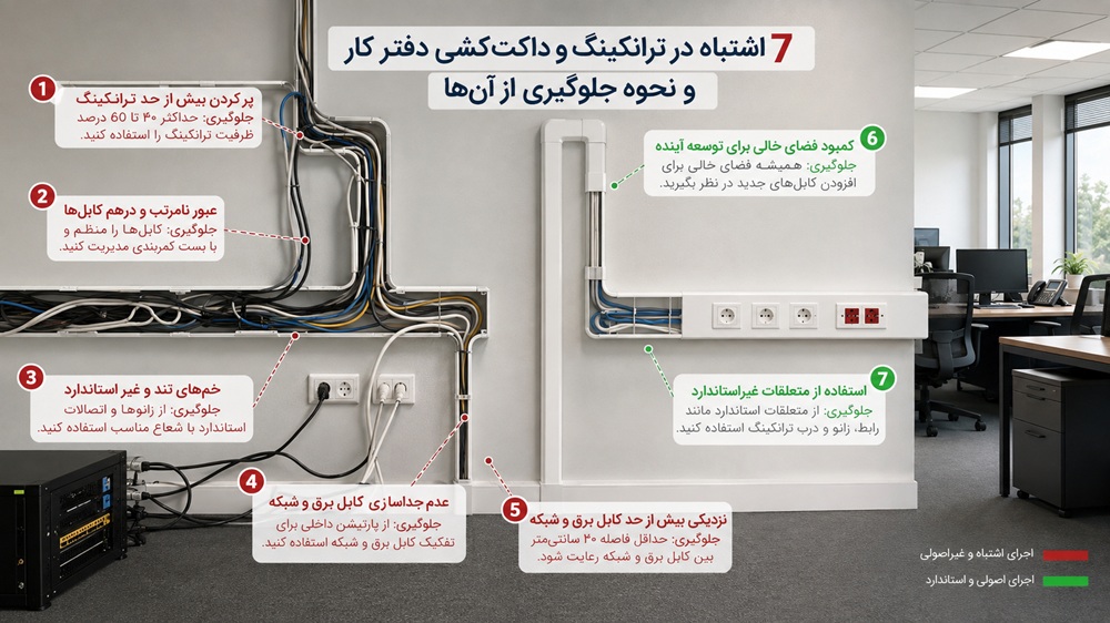 ۷ اشتباه در ترانکینگ و داکت کشی دفتر کار و نحوه جلوگیری از آنها
